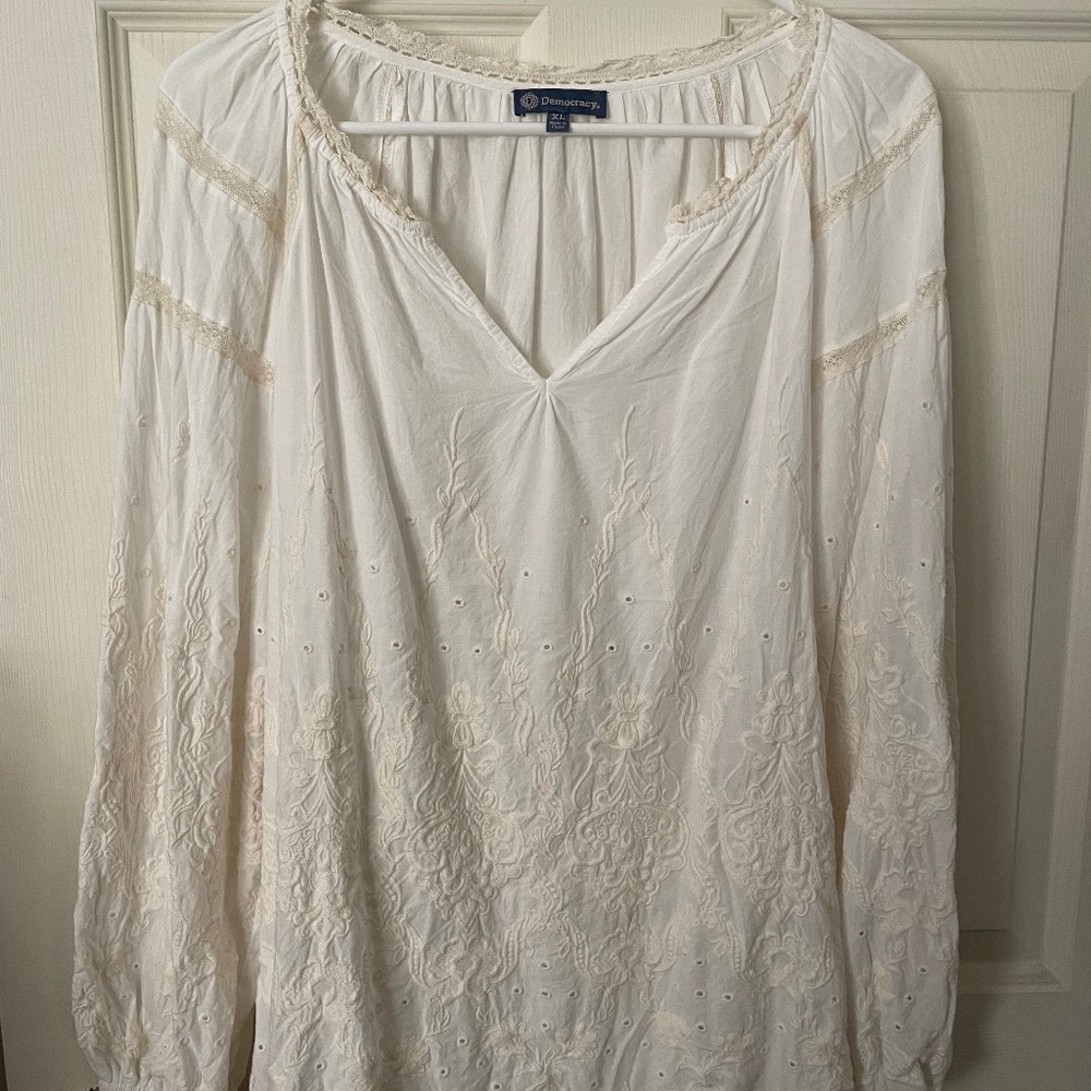 Smocked v neck embroidered blouson